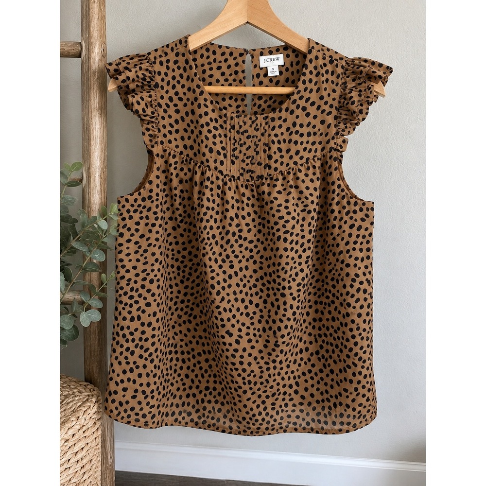 J.Crew Ruffle Sleeve Top Women Small Brown Leopard Print Pintuck Pleated